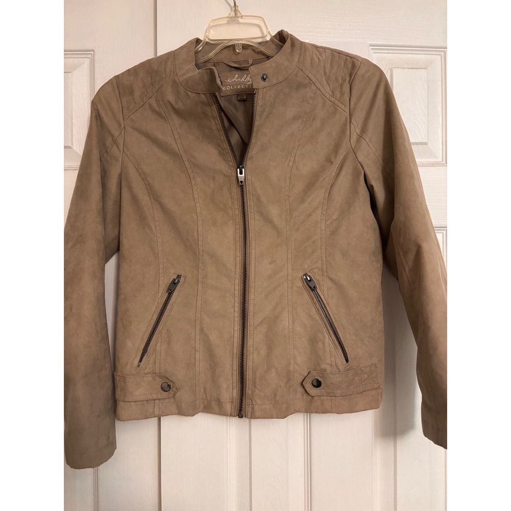 Sebby Collection Womens Tan Faux Suede Moto Jacket Ribbed Knit Panels Sz Medium